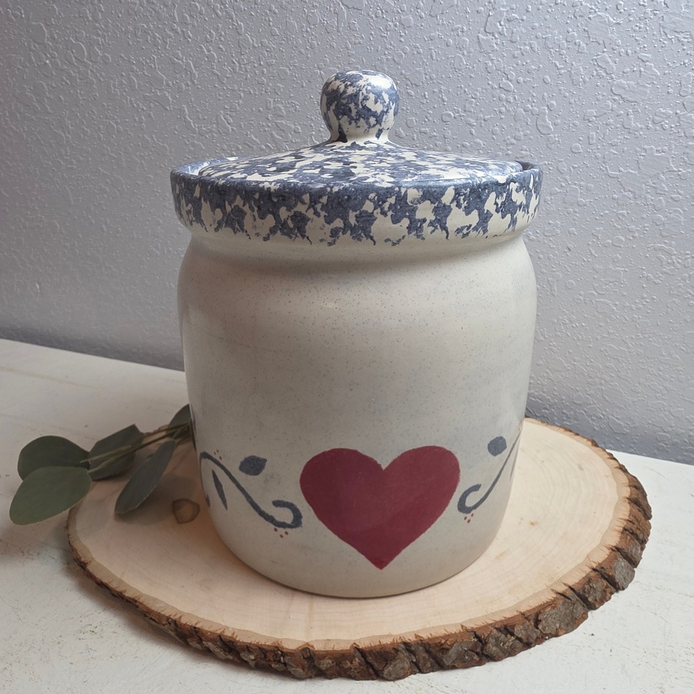 Vintage Blue Spongeware Heart Stoneware Cookie Jar Lid Canister Crock 9.75x7.5